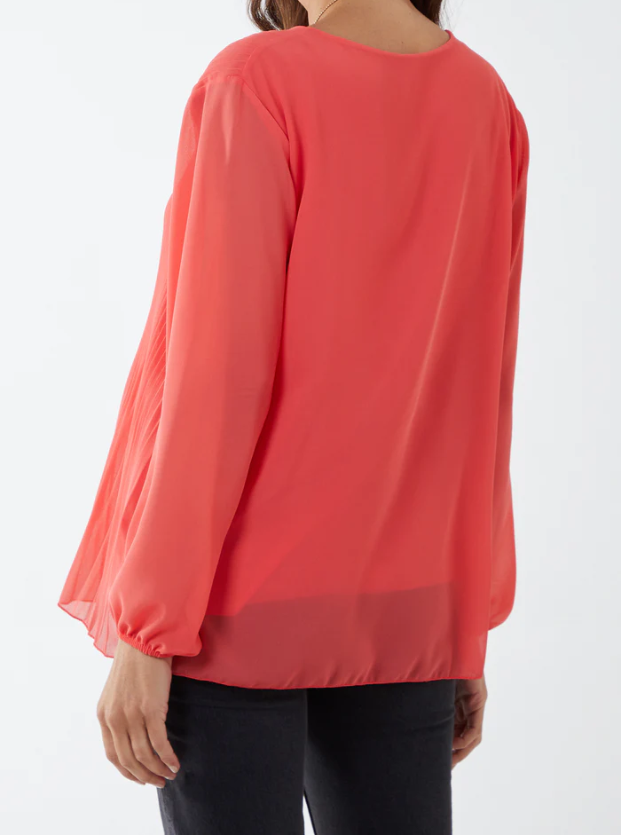 Coral Long Sleeve Pleated Top with Necklace