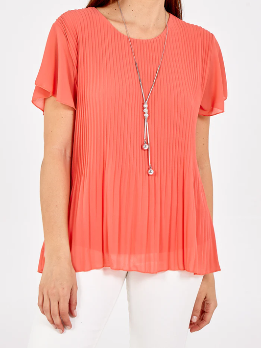 Coral Pleated Top with Necklace
