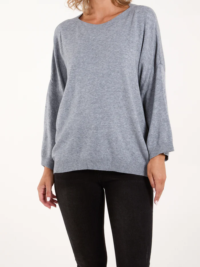 Fine Knit Crew Neck Long Sleeve Jumper in Grey