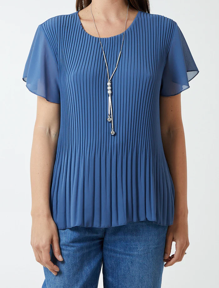 Denim Pleated Top with Necklace