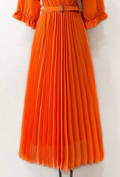 Orange Plain Belted Midi Dress