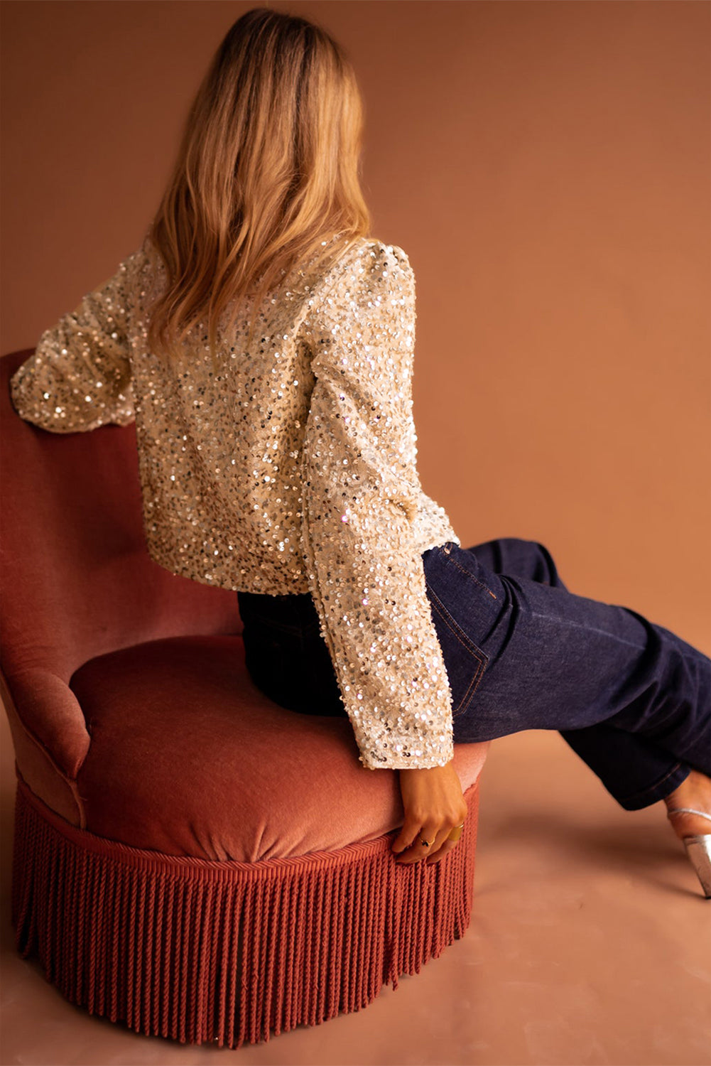 Golden Sequined Open Front Cropped Jacket