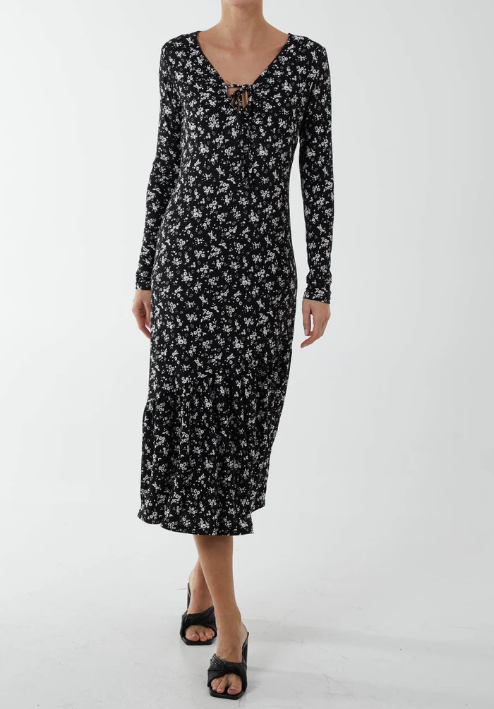 Ditsy Floral Print Tie Front Midi Dress