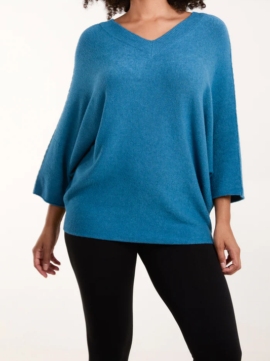 Double V Neck Soft Batwing Jumper in Teal