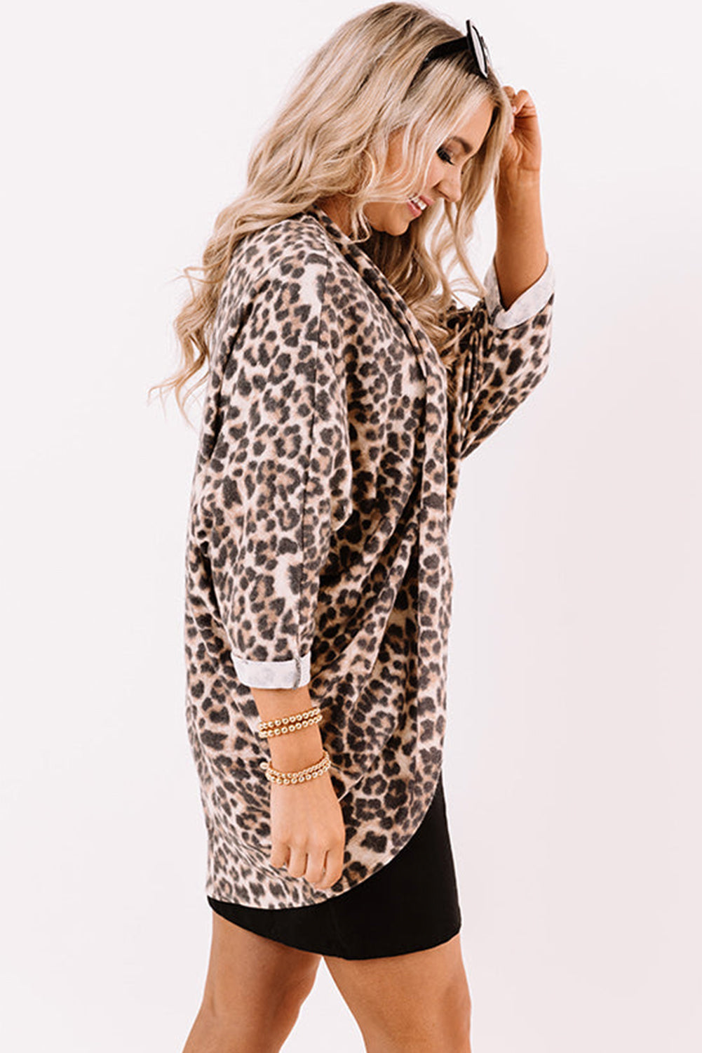 Leopard Print Batwing Sleeve Loose Tunic Cardigan