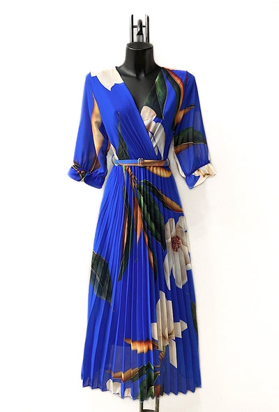 Royal Blue Floral Print Belted Midi Dress