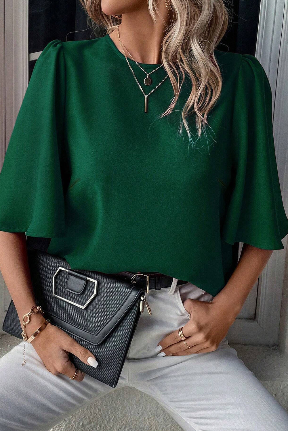 Green Satin Keyhole Back Wide Sleeve Blouse