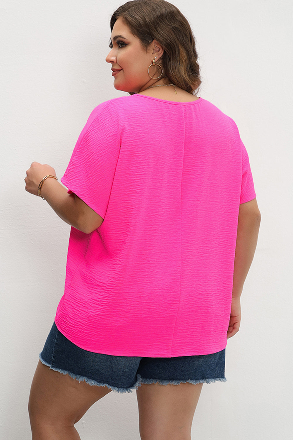 Pink Plus Size Crinkled V-Neck Short Sleeve Top