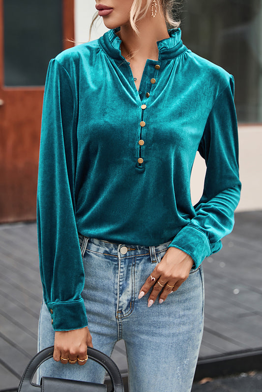 Frilled Neck Buttoned Front Velvet Top