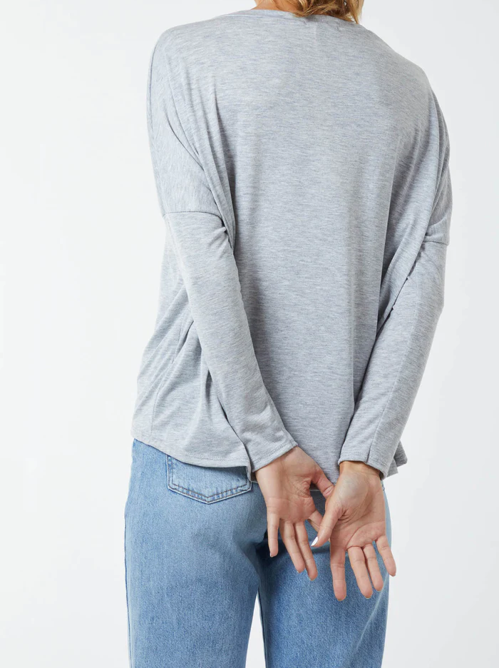 Basic Long Sleeve High Low Top in Grey