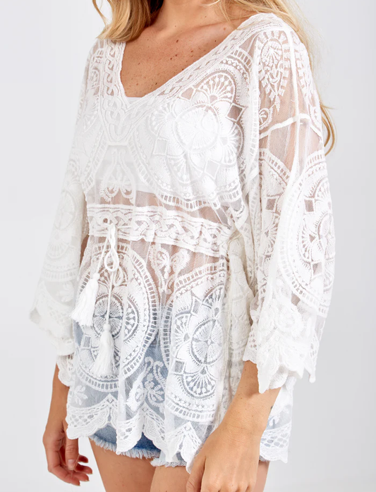 Lace Kimono Sleeve Top in Ivory