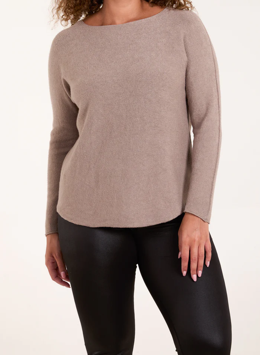 Boat Neck Raw Edge Jumper in Mocha