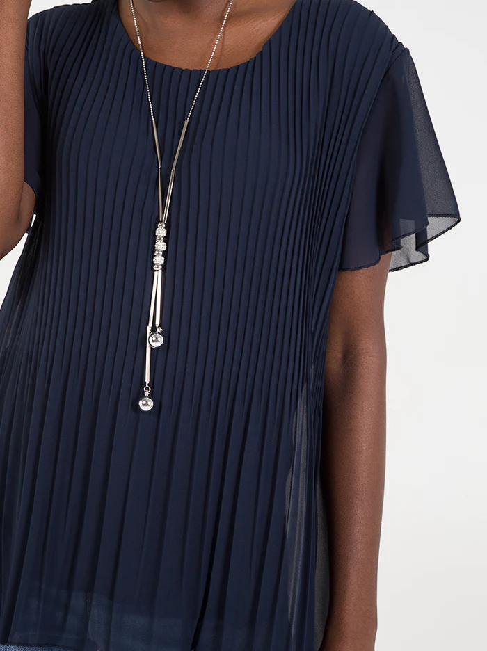 Navy Pleated Top with Necklace