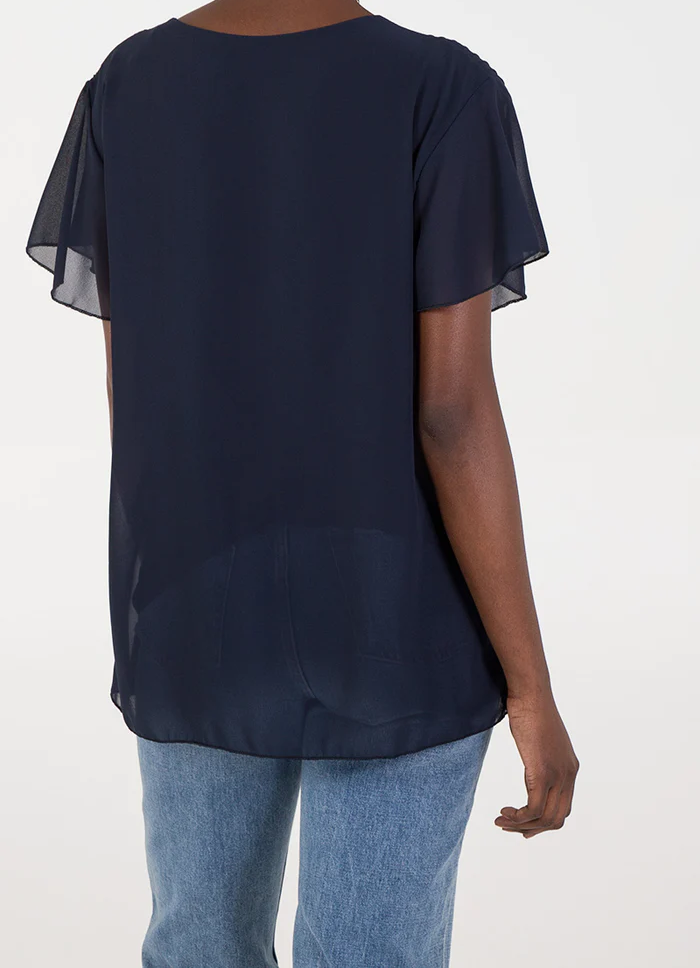 Navy Pleated Top with Necklace
