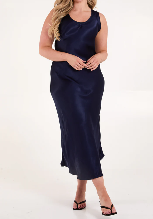 V Neck Bias Satin Maxi Dress in Navy