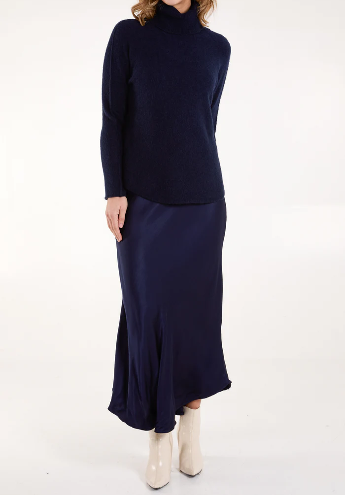 V Neck Bias Satin Maxi Dress in Navy