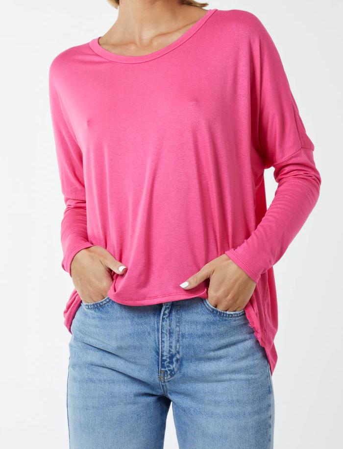 Basic Long Sleeve High Low Top in Pink