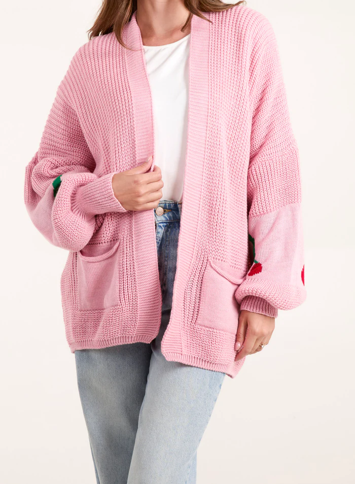 Cherry Print Sleeve Cardigan in Pink & Blue