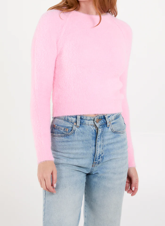 Pink Fluffy Knit Cropped Jumper