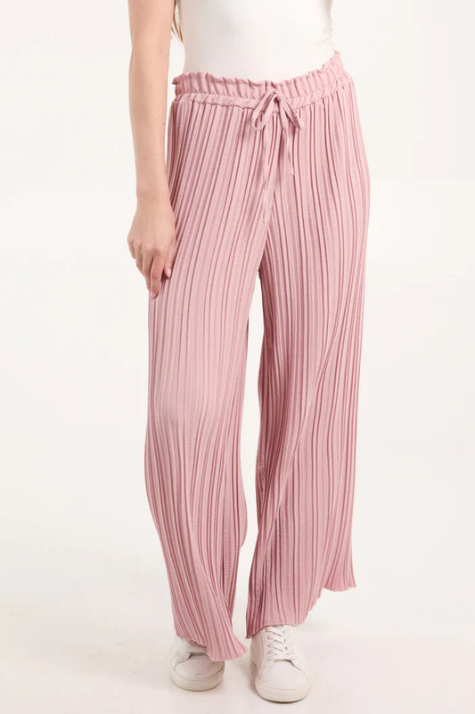 Wide Leg Plisse Drawstring Trousers in Blush