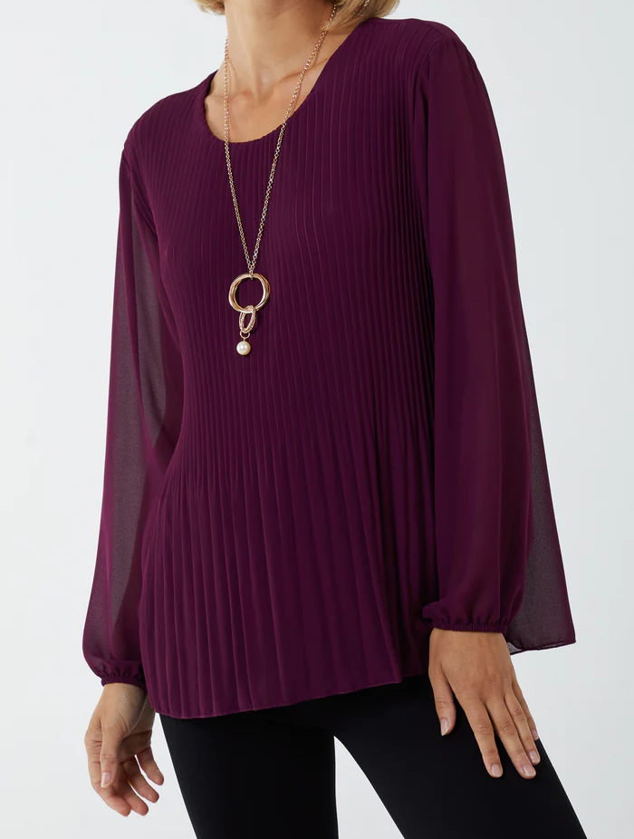 Purple Long Sleeve Pleated Top with Necklace