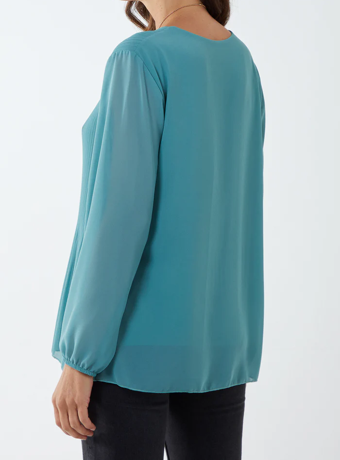 Sage Long Sleeve Pleated Top with Necklace