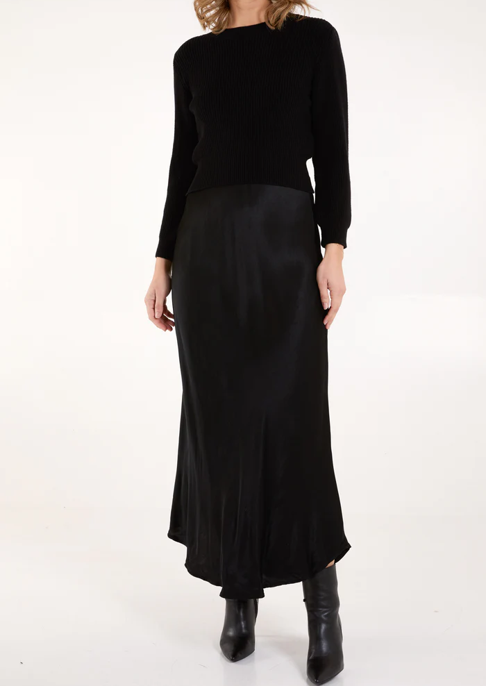 V Neck Bias Satin Maxi Dress in Black