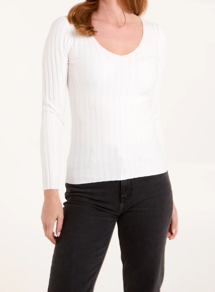 Ribbed Long Sleeve V Neck Jumper in Cream