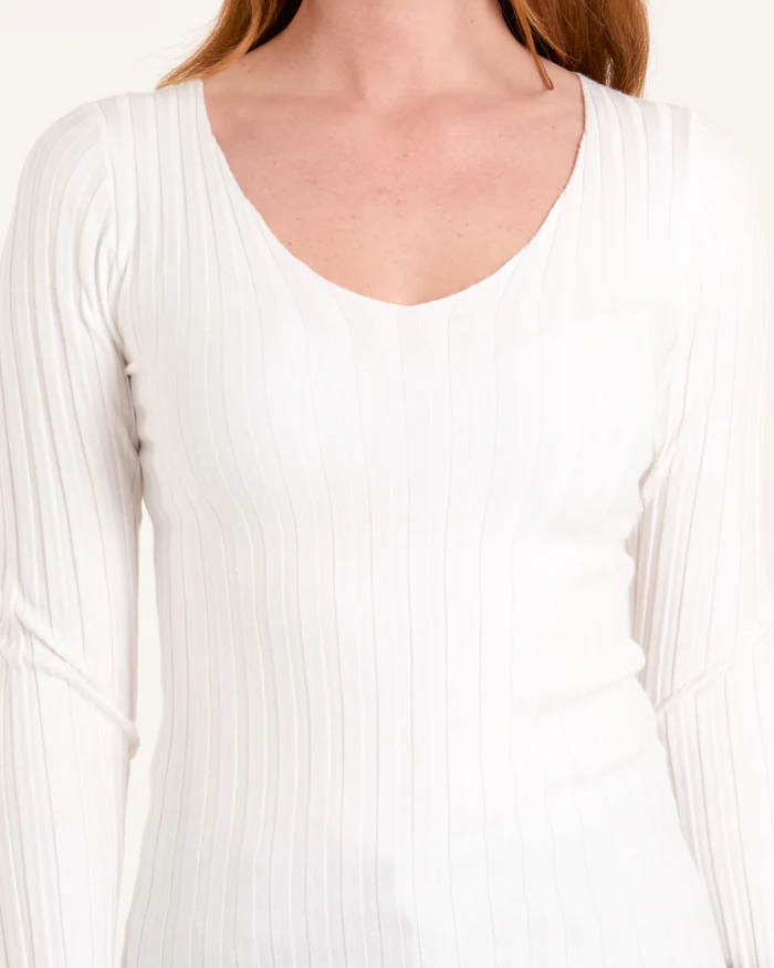 Ribbed Long Sleeve V Neck Jumper in Cream