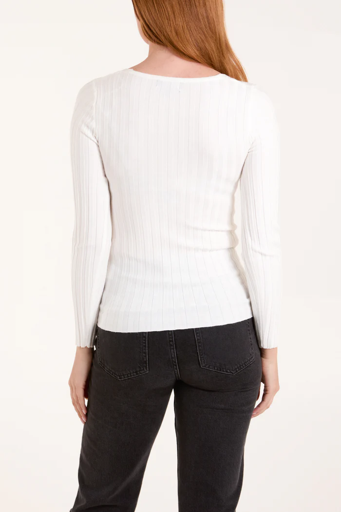 Ribbed Long Sleeve V Neck Jumper in Cream