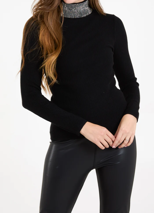 Studded Roll Neck Rib Jumper in Black