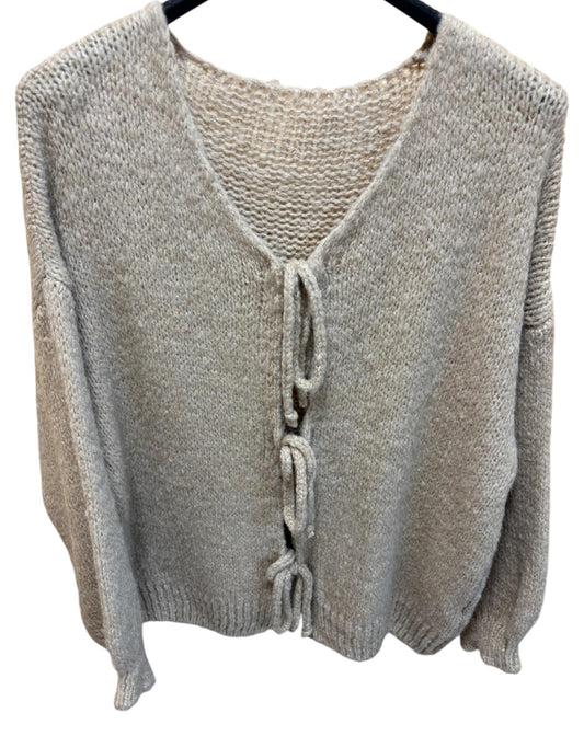 Chunky Knit Bow Cardigan in Cappuccino