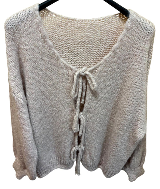 Chunky Knit Bow Cardigan in Cream