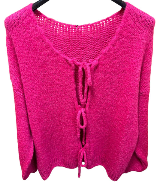 Chunky Knit Bow Cardigan in Pink