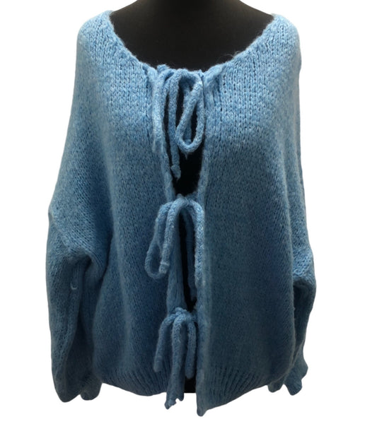 Chunky Knit Bow Cardigan in Blue