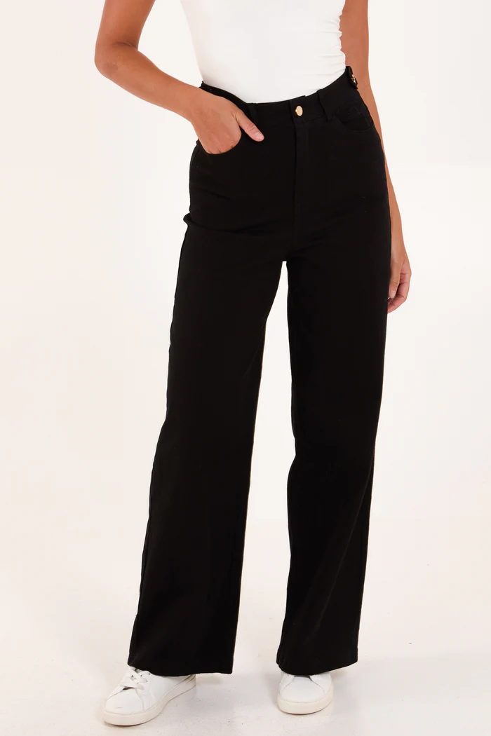 Gold Button Wide Leg Black Jeans