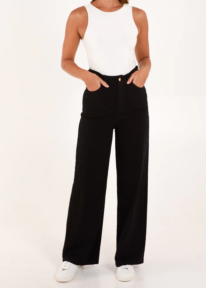 Gold Button Wide Leg Black Jeans