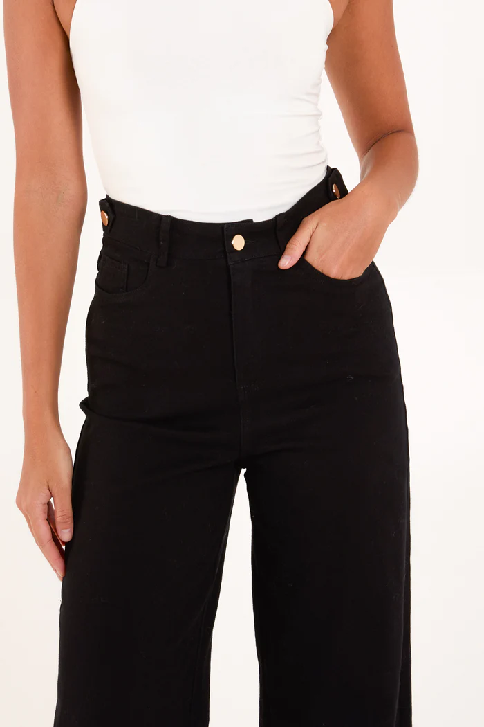 Gold Button Wide Leg Black Jeans